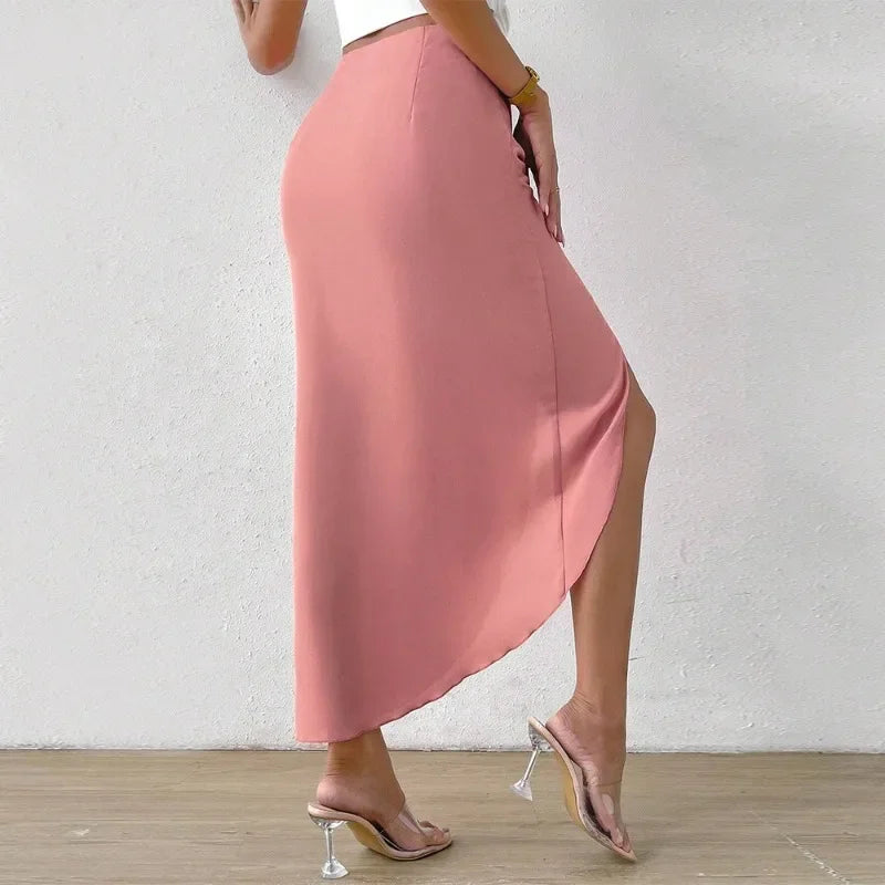 MQTIME - 2024 Spring/Summer New Sexy Split Irregular Temperament Commuting Fashion Pink Elegant Fold Wrapped Hip Skirts for Women YSQ30