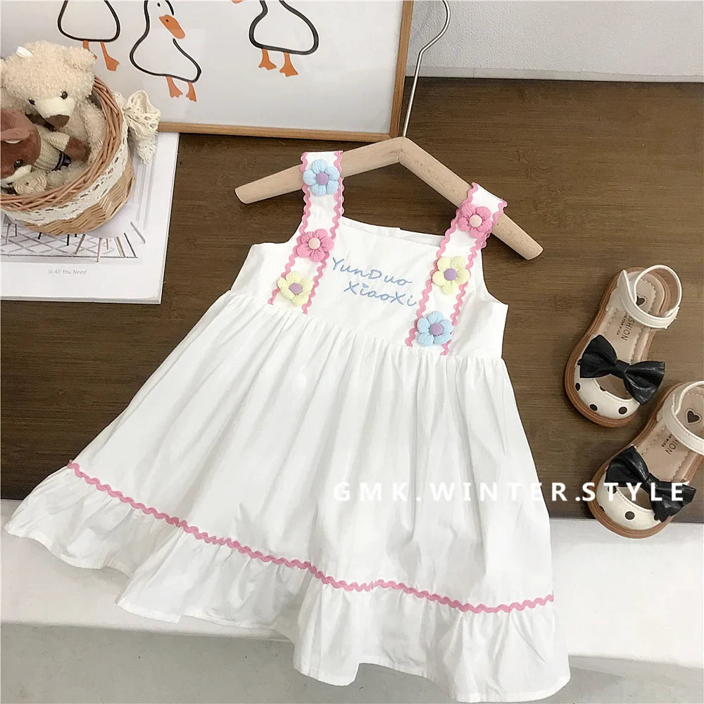 MQTIME - 2024 New Summer Children Girls Dress Korean Cotton Flower Baby Girls Dress Loose Letter Floral Pattern Toddler Girls Sling Dress