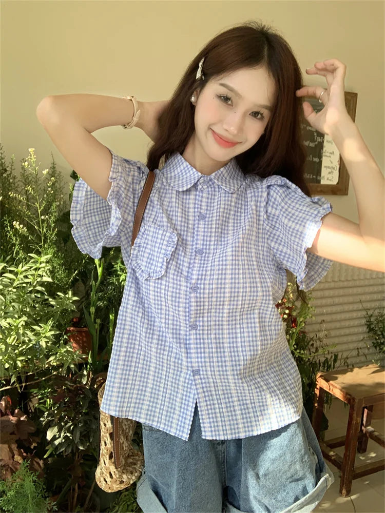 nvxiot - Japanese Style Short Sleeved Shirt for Women Spring Summer New Small Figure Niche Plaid Top Sweet Girls Blouse Cute Y2k Blusa
