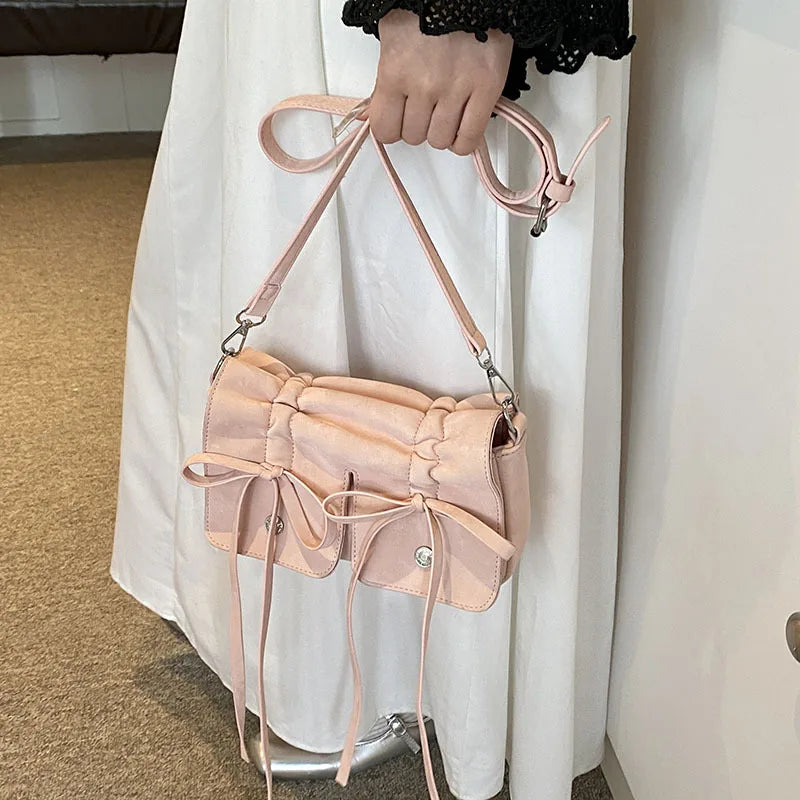 nvxiot - 2024 Korean Fashion Fold Bow Handbags Small Square Shoulder Bags For Women Black White Pink Silver Trendy Daily Shopping HandBag