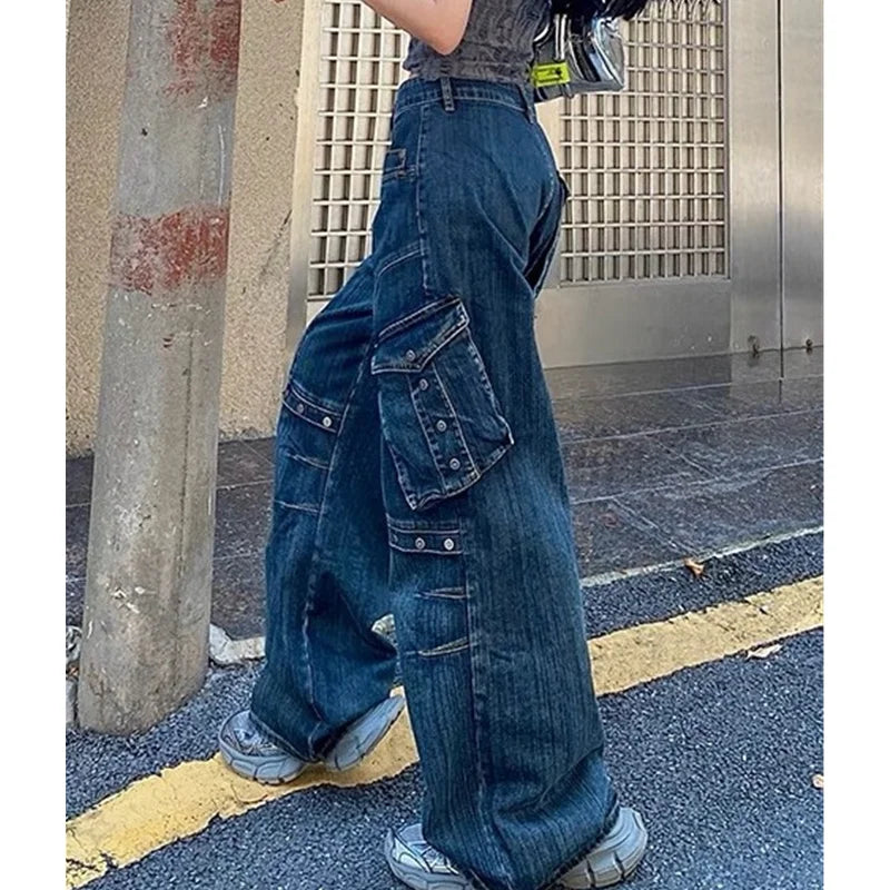 MQTIME - Summer Womens Jeans High Waist Baggy Casual Vintage Y2K Plus Size Straight Cargo Pants Street American Wide Leg Denim Trouser
