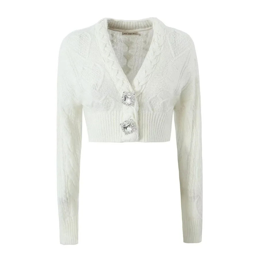 MQTIME - Two Pieces Set, 3 Piece Set, Solid Outfit Button Crystal Rhinestone Sweater Coat Crop Top, Elastic Waistband Short Tracksuit y2k
