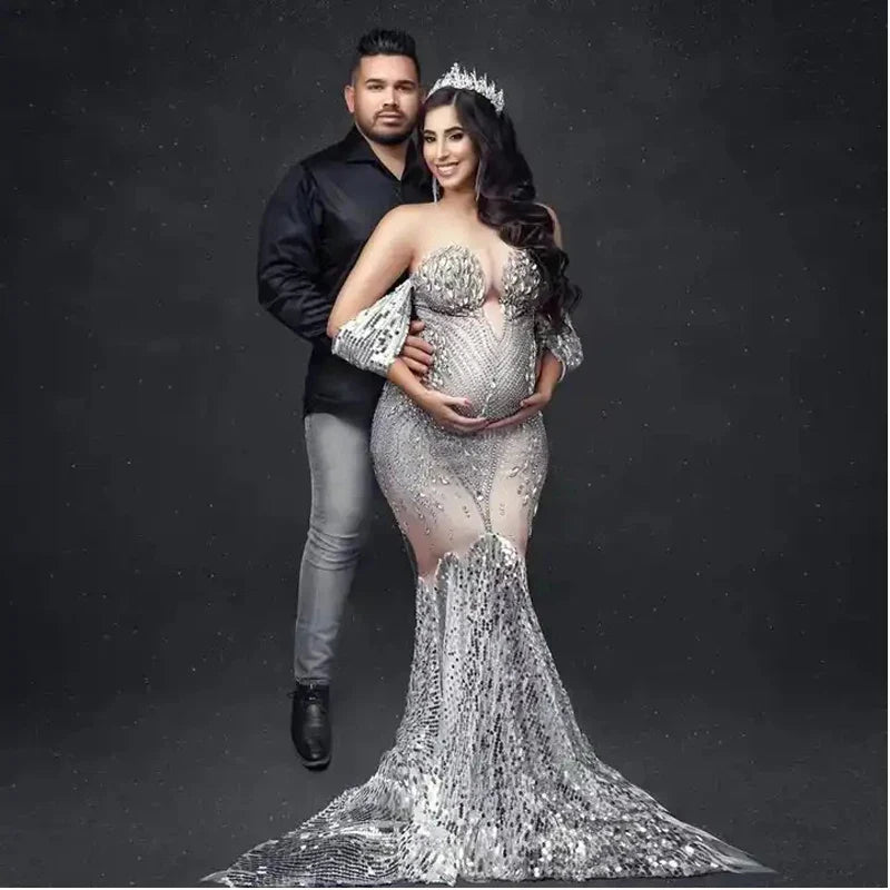 nvxiot - New Arrivals Elegant Shiny Rhinestones Off Shoulder Sexy Maternity Shoot Dress Sequin Fishtail Robe De Soiree