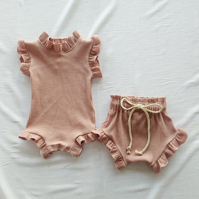 nvxiot 2Pcs Infant Baby Girl Clothes Set Waffle Cotton Ruffle Newborn Vest Romper Tops Bloomer Shorts Suit Baby Summer Outfits Clothing
