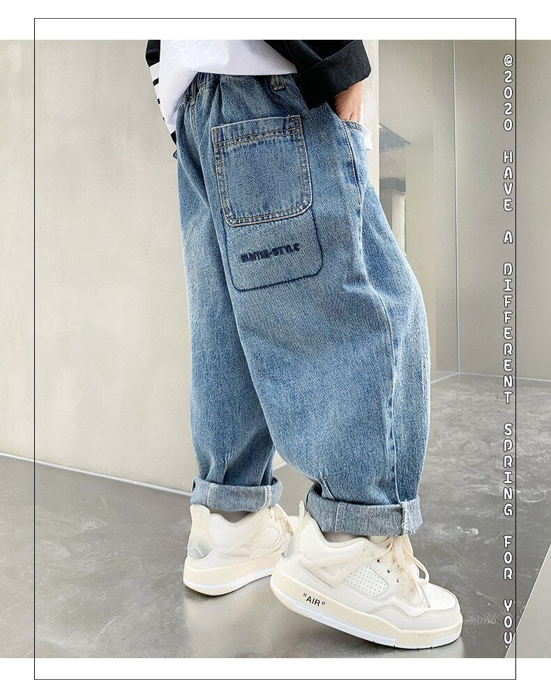 nvxiot Jeans for Boys Autumn Blue Fashion All-match Young Children's Casual Pants Winter Fleece Thick Kids Trousers 10 12 13 Years