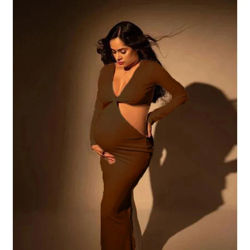 MQTIME - NEW Long Sleeve Bodycon Maternity Maxi Stretchy Dress Perfect For Baby Boy Shower Pregnancy Elastic Gown For Photo Shoots