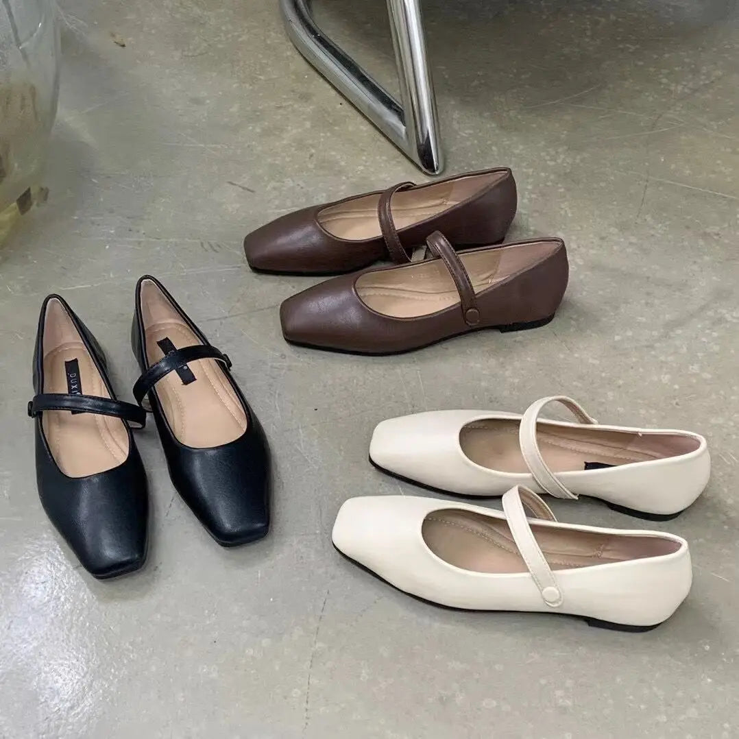 nvxiot New Spring Korea Flats Women Shoes Fashion Mary Jane Shoes Square Toe Women's Shoes Retro PU Flats