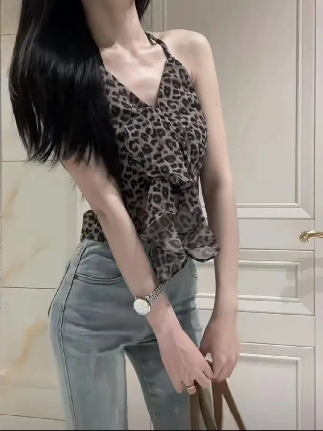 nvxiot - Spring Tank Top for Girls, Pure Desire, Spicy Girl, Leopard Pattern, Hanging Neck, Strap Tank Top, Design Sense, Small Top, New