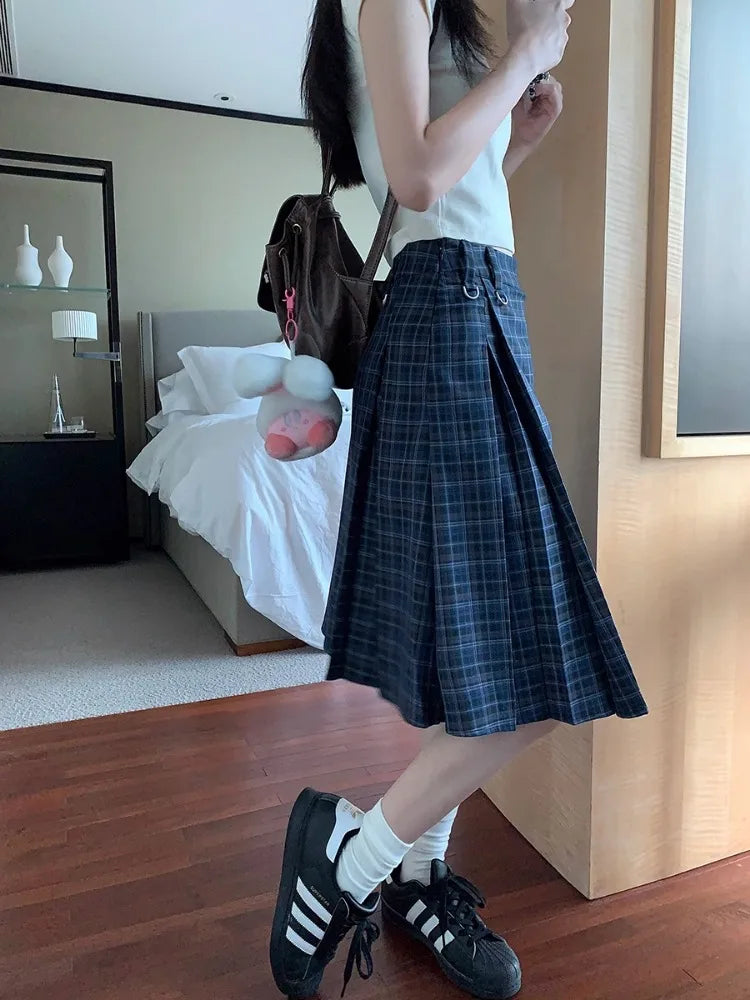 MQTIME - Vintage Plaid Midi Skirt Women American Retro Pleated A-line High Wasit Skirts Summer Fashion Uniform Aesthetics Clothes