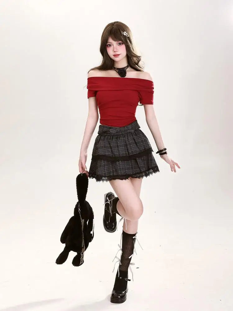MQTIME - Plaid Mini Skirt Women Lace Patchwork High Wasit Ball Gown Skirts with Bow Korean Fashion Preppy Style Uniform Clothes