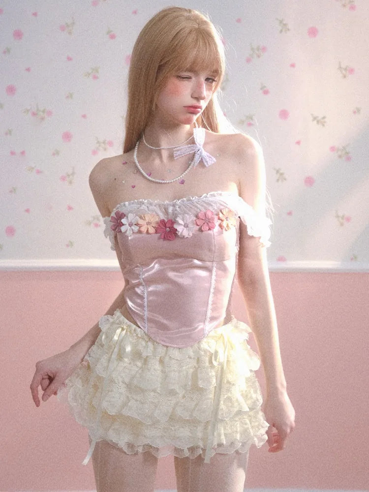 MQTIME - Pink Flower Off Shoulder T Shirts for Women Ballet Style Lace Patchork Corset Y2k Tops Summer Fashion Aesthetic Clothes