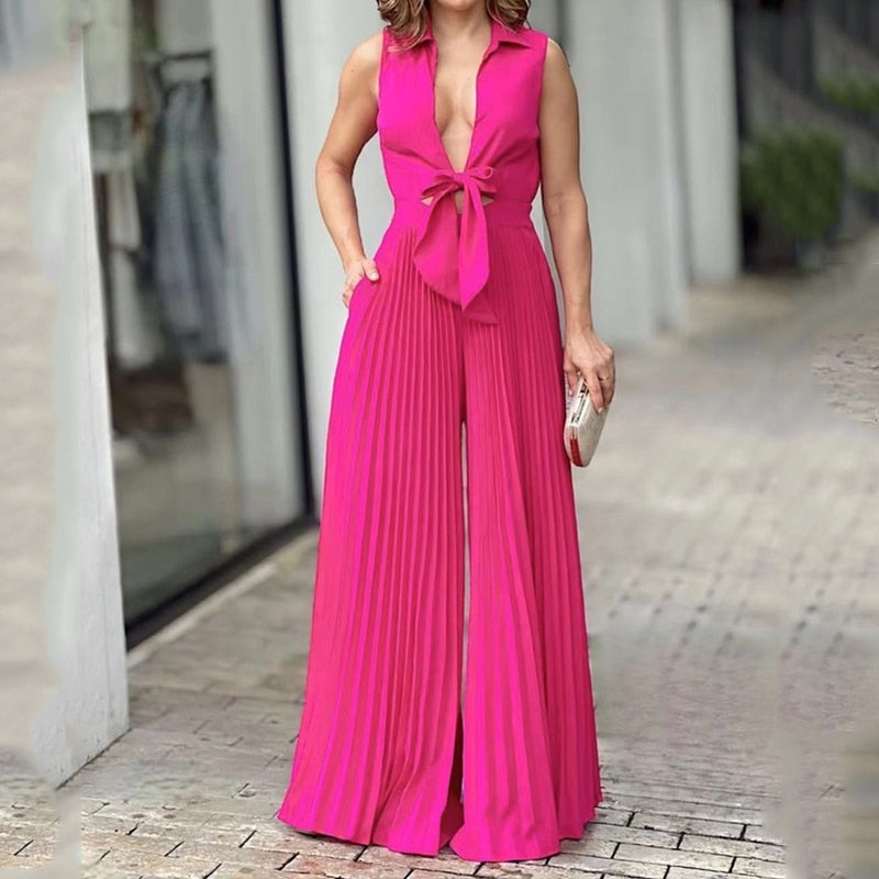 nvxiot Women Jumpsuit Summer Fashion V Neck Sleeveless Lapel Solid Pleated Lace Up Loose Wide Legs Romper High Streetwear