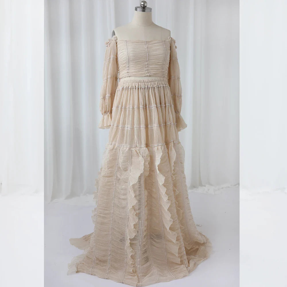 nvxiot - Photography Dress For Women Apricot Elegant Chiffon Lace Long Sleeved Dress Two-Piece Set Maternity Photo Shoot