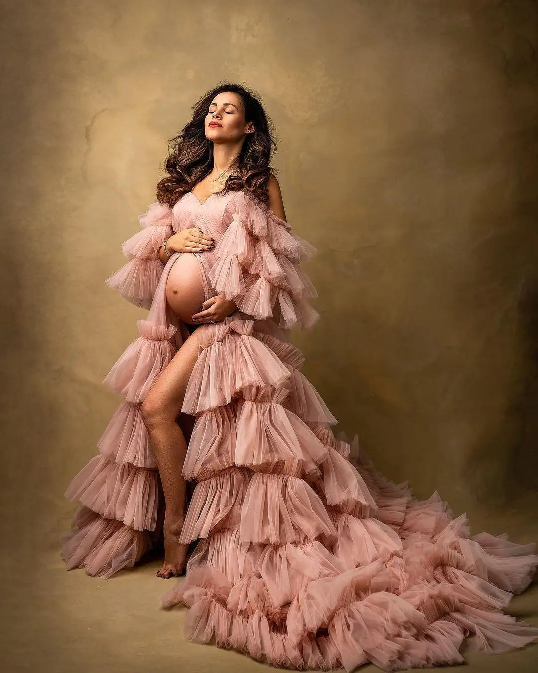 nvxiot - Sexy Pregnant Women Large Swing Cake Dress V-Neck Off Shoulder Split Tail Group Dresses Photography Props Lace Cut Out Vestidos