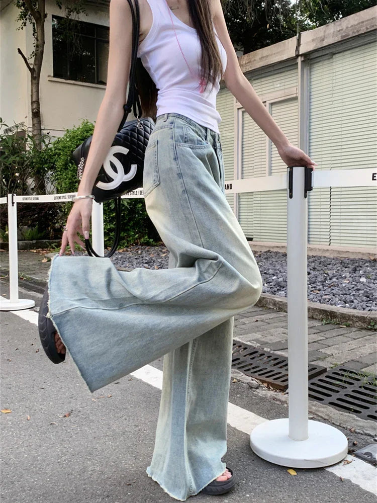 nvxiot - Women's A-line Wide Leg Blue Thin Jeans Young Girl Street Summer New Straight Baggy Bottoms Casual Trousers Female Loose Pants