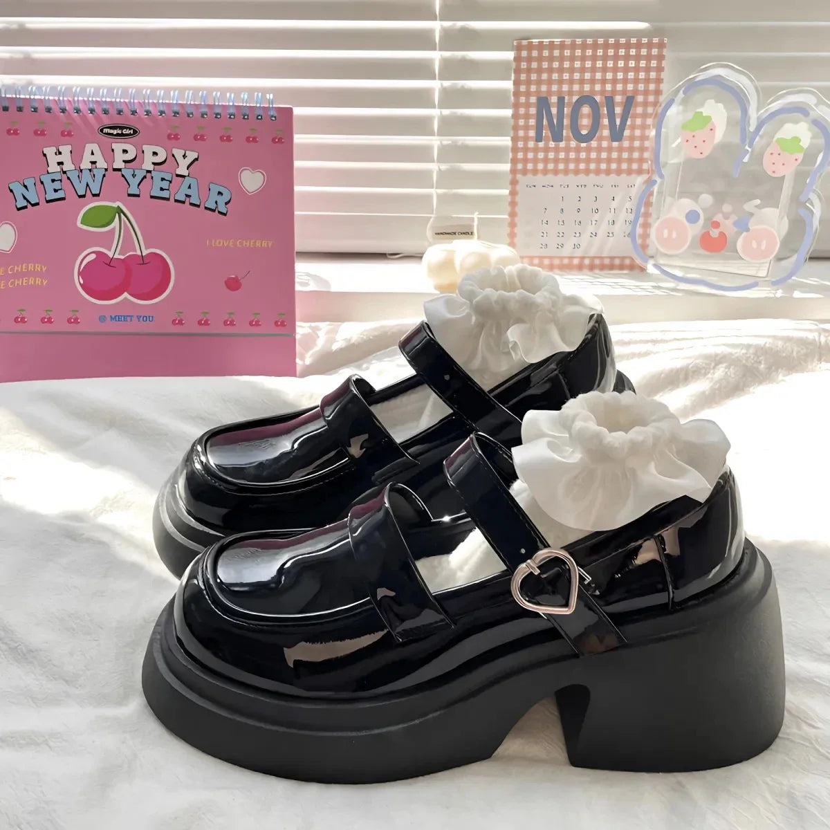 MQTIME - Women Platform Basic Mary Jane Shoes Prepppy Style Leather Heart Lolita Shoes Japanese Jk Female High Heel Shoes