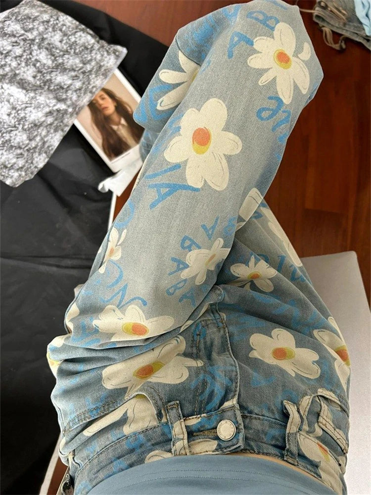 nvxiot - Women's Daisy Printed High Waisted Jeans Summer Street Cool Girl Bottoms Wide Legs Irregular Pants Female Baggy Denim Trousers