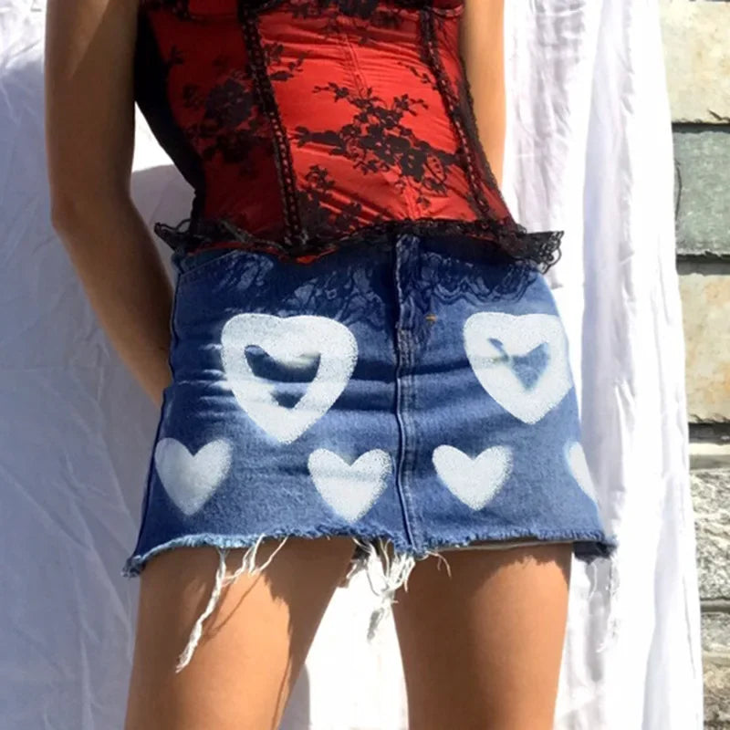MQTIME - Y2k Vintage Party Club Streetwear Mini Skirts Bodycon Clothes 2024 Fashion Harajuku Women Lovely Heart Print A Line Denim Skirt