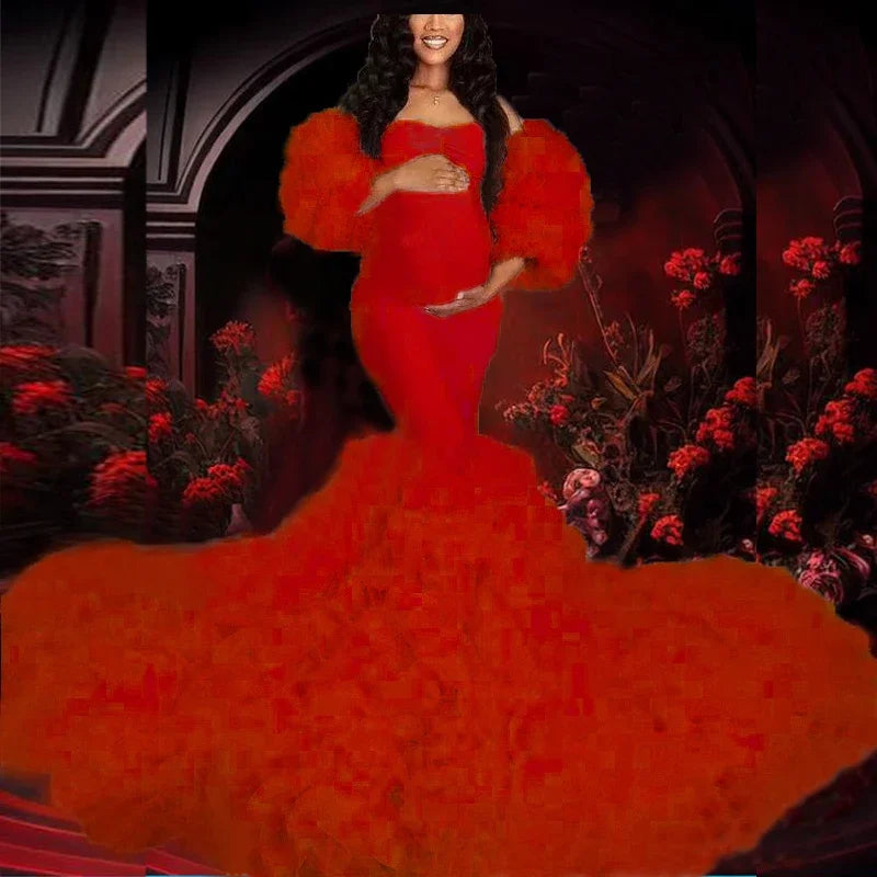 MQTIME - Hot Maternity Dresses Photoshoot Tulle Maxi Gown Baby Shower Ruffles
