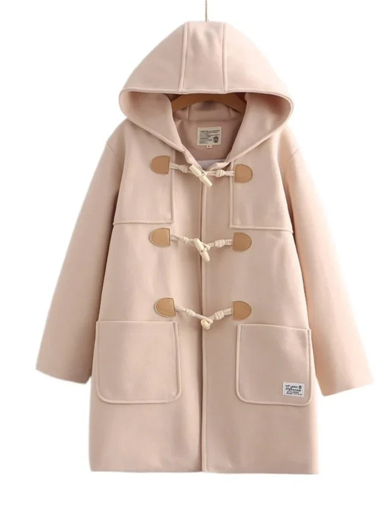 nvxiot - Winter Women Wool Blends Coat Straight Long Hooded Coats Jacket Horn Button Sleeve Preppy Style Female Warmness Outwears