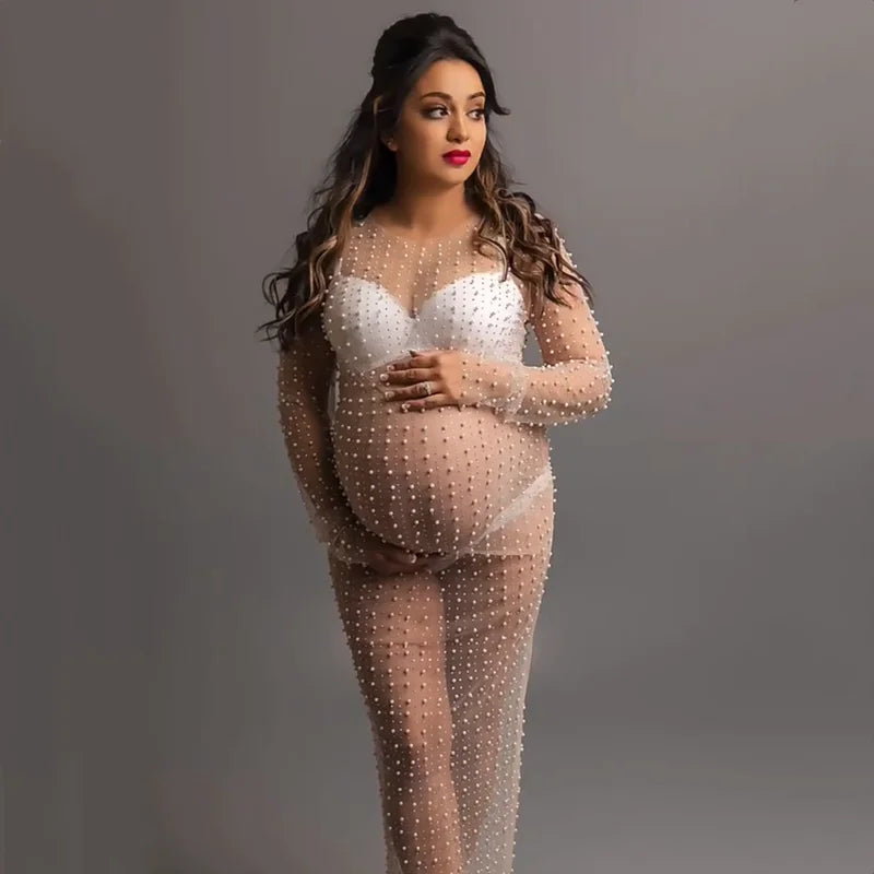 nvxiot - Mesh See Through Maternity Photography Long Dresses Pearl Transparent Tulle Pregnancy Photo Shoot Dress For Women Gown Party