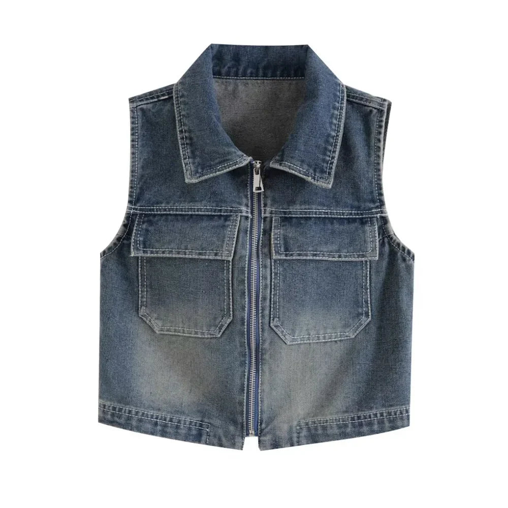 MQTIME - 2024 Summer New Product Women's Retro Versatile Polo Collar Sleeveless Style Slim Zipper Denim Vest