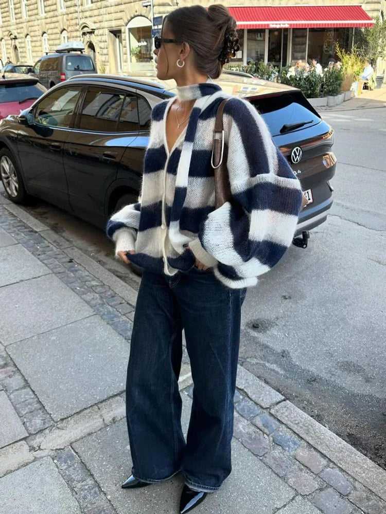 MQTIME - V-Neck Scarf Sweater Cardigan Female Contrast Casual Patchwork Autumn Hollow Out Outwear Women's Knitwear Coat Cardigan