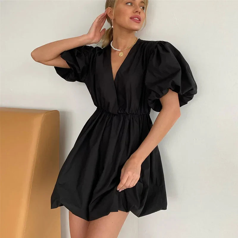 nvxiot Elegant V-Neck Lantern Pleated White Dresses For Women Fashion Solid Party Summer Mini Dress Princess Dress Vestidos