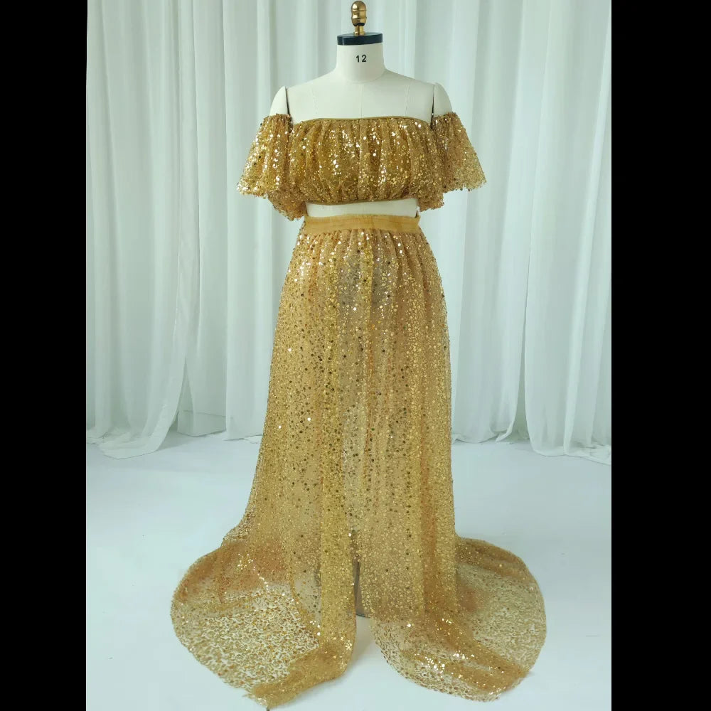 nvxiot - Golden Pearl Embroidered Hard Yarn Two Piece Set Photo Shoot Photography Dress For Women Maternity Photography Dresses