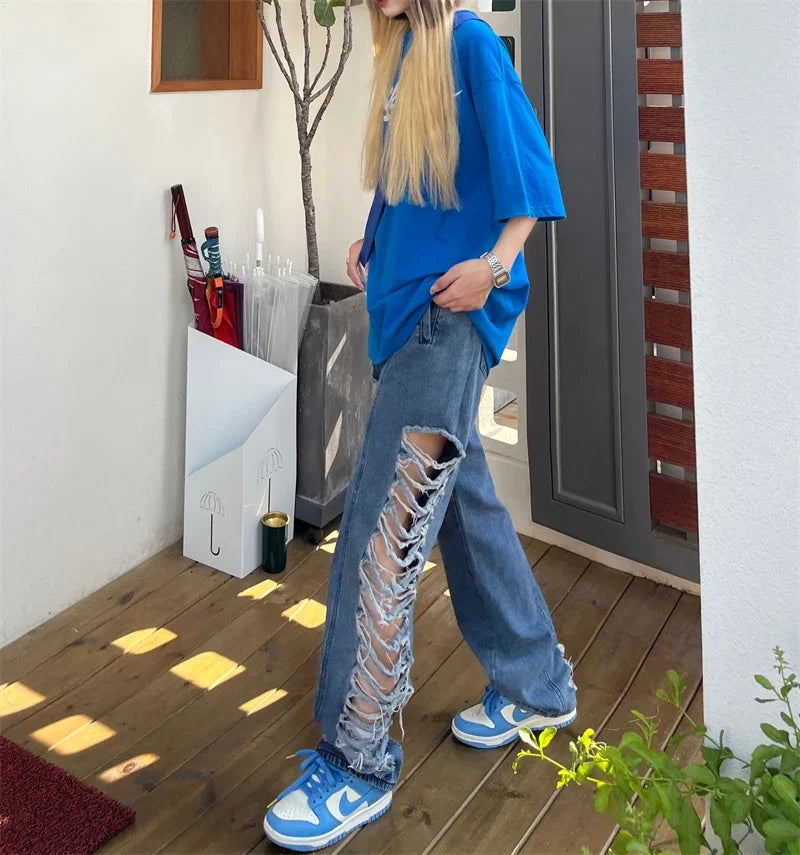 nvxiot - Side Ripped Hole Hollow Out Women's Jeans Denim Pant trousers punk hippie grunge 2023 fashion harajuku streetwear y2k high waist