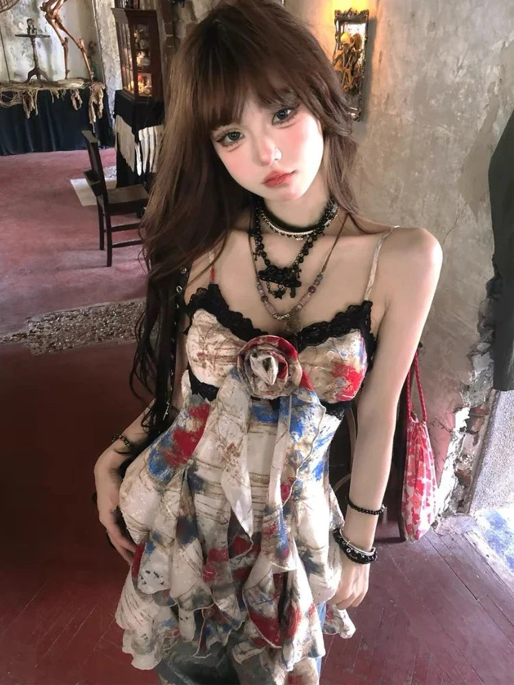 MQTIME - New American Style Sexy Gyaru Halter Top Women Design Sweet Print Slim Camisole Summer High Street Coquette Asymmetrical Tees