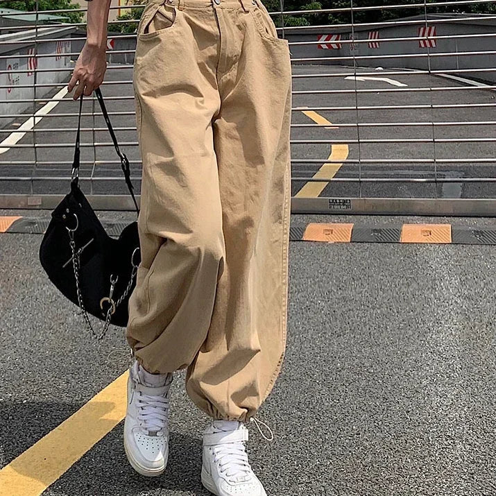 nvxiot - Women Y2K Khaki Adjustable Waist Oversized Cargo Pants Loose Fashion New Drawstring 90s Long Pant Fall Hip Hop Streetwear