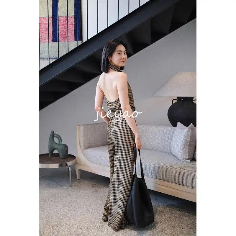 MQTIME - Two Piece Set,Top Pants Suit,Hollow Backless Halter Wrap Tank and Straight Leg Pant,Wide Baggy Long Trouser Women fairycore y2k