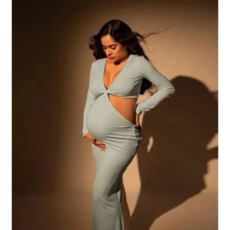 MQTIME - NEW Long Sleeve Bodycon Maternity Maxi Stretchy Dress Perfect For Baby Boy Shower Pregnancy Elastic Gown For Photo Shoots