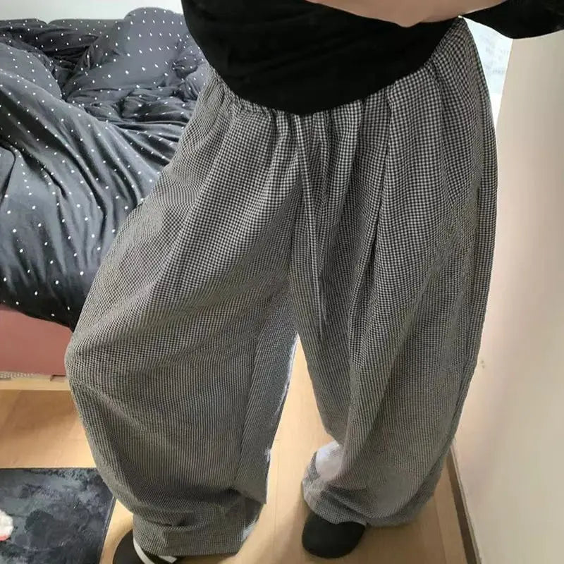 nvxiot - Spring New Korean Style Home Wear Casual Lazy Small Plaid Loose Wide Leg Pants for Women High Waist Sportpants Women Clothing