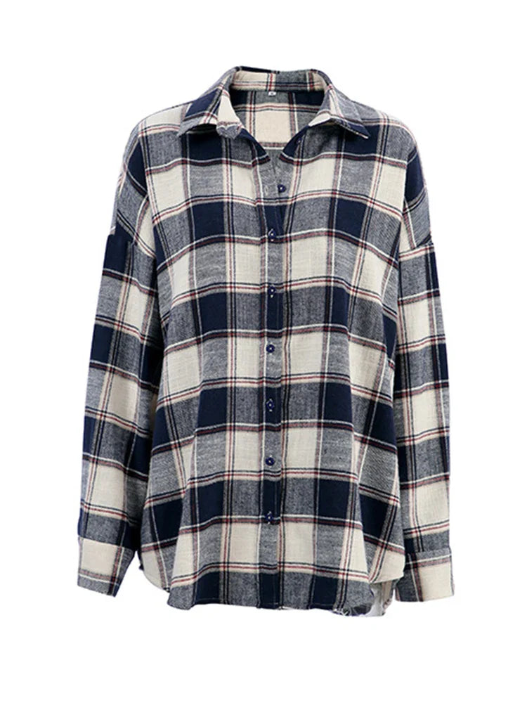 nvxiot - 2024 Women Spring Winter Oversized Plaid Shirt Thick Vintage Long Sleeve Loose Fit Blouse For Woman