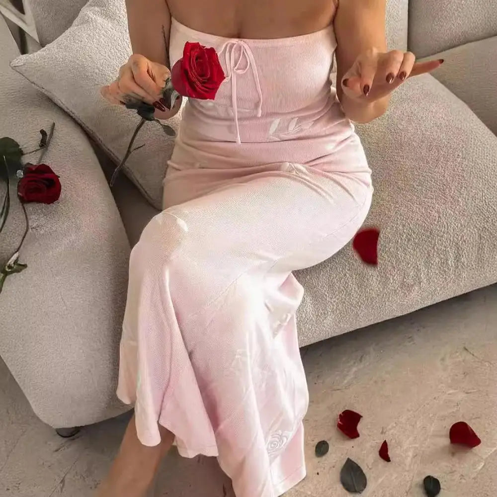 MQTIME - Floral Strapless Dress Chest Wrap Long Dresses Pink Lace-up Vestidos Backless Ankle Length Skirt Evening Dress for Party Banquet