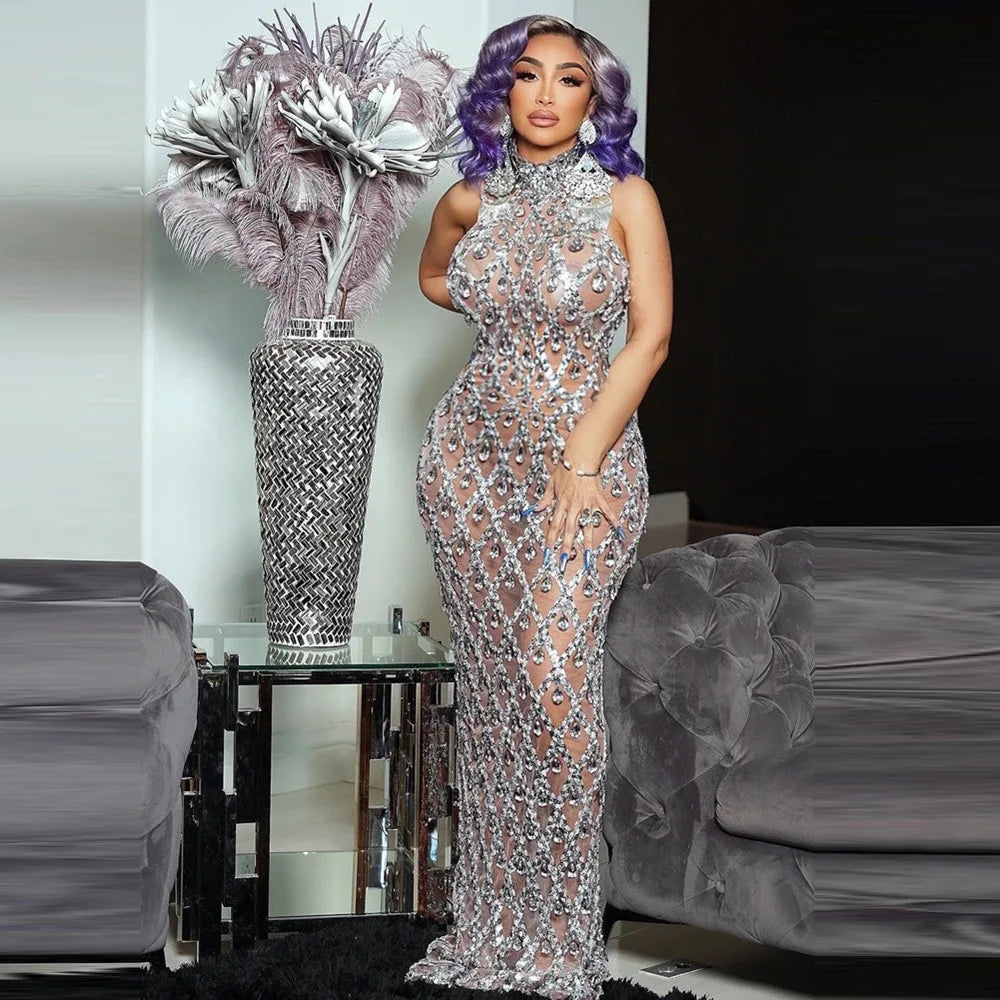 MQTIME - Embellished Maternity dress for pregnancy photoshoot Sexy sparkling Rhinestone Ladies evening sleeveless Dresses