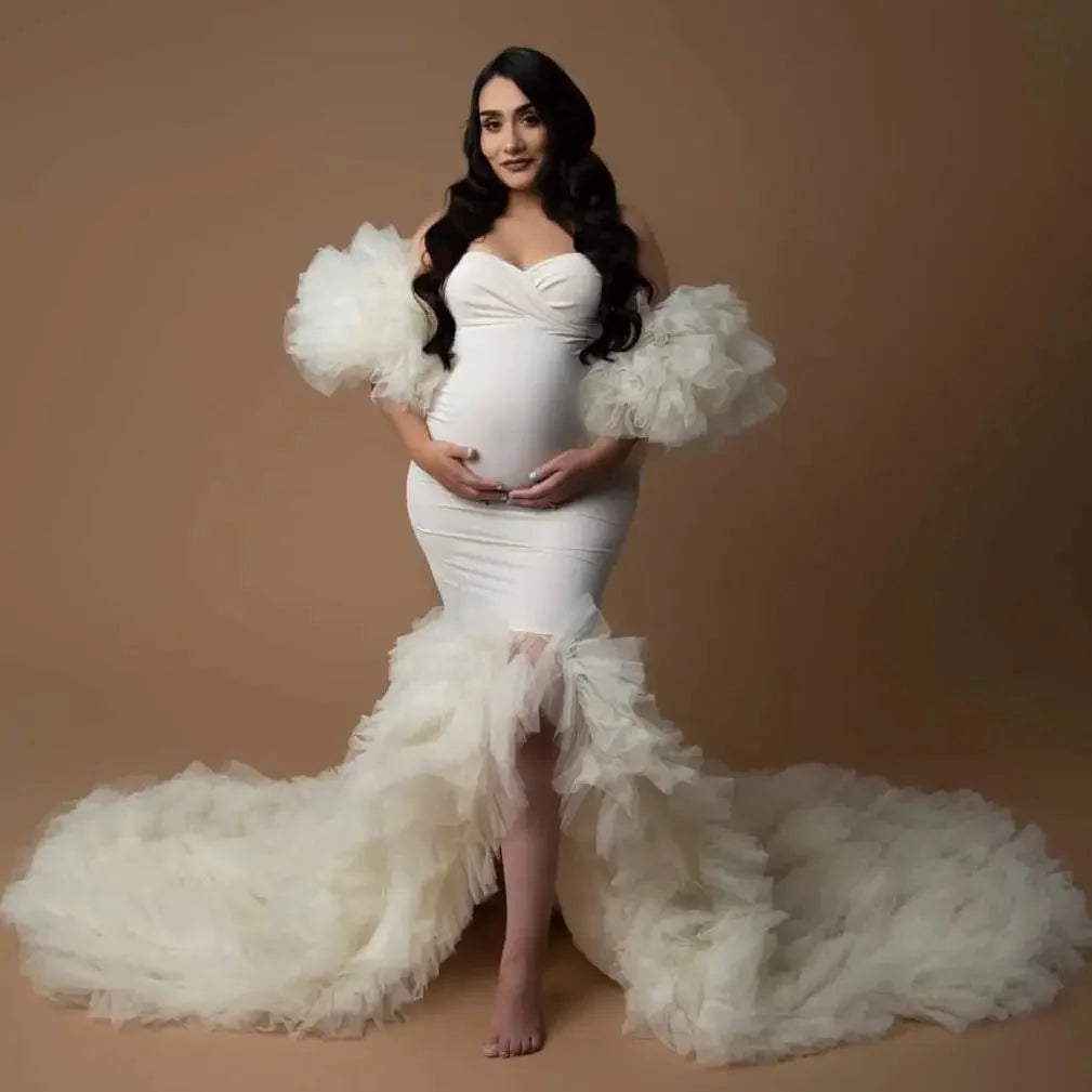 nvxiot - Ivory Mermaid Maternity Dresses for Photo Shoot Mixi Tulle Split Maternity Gowns Custom Made Bathrobe Sleepwear