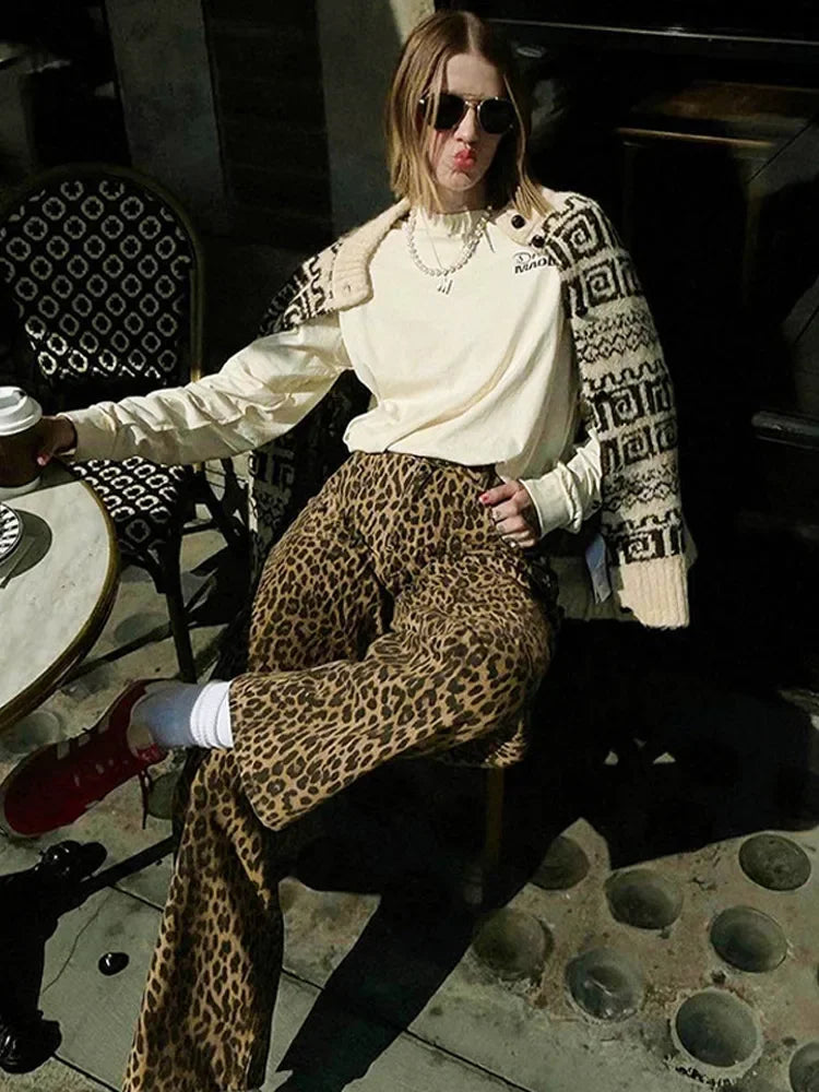 MQTIME - 2024 American New Retro Leopard Women Baggy Jeans Y2K Street Fashion Gothic Loose High Waist Casual Wide Leg Denim Trousers