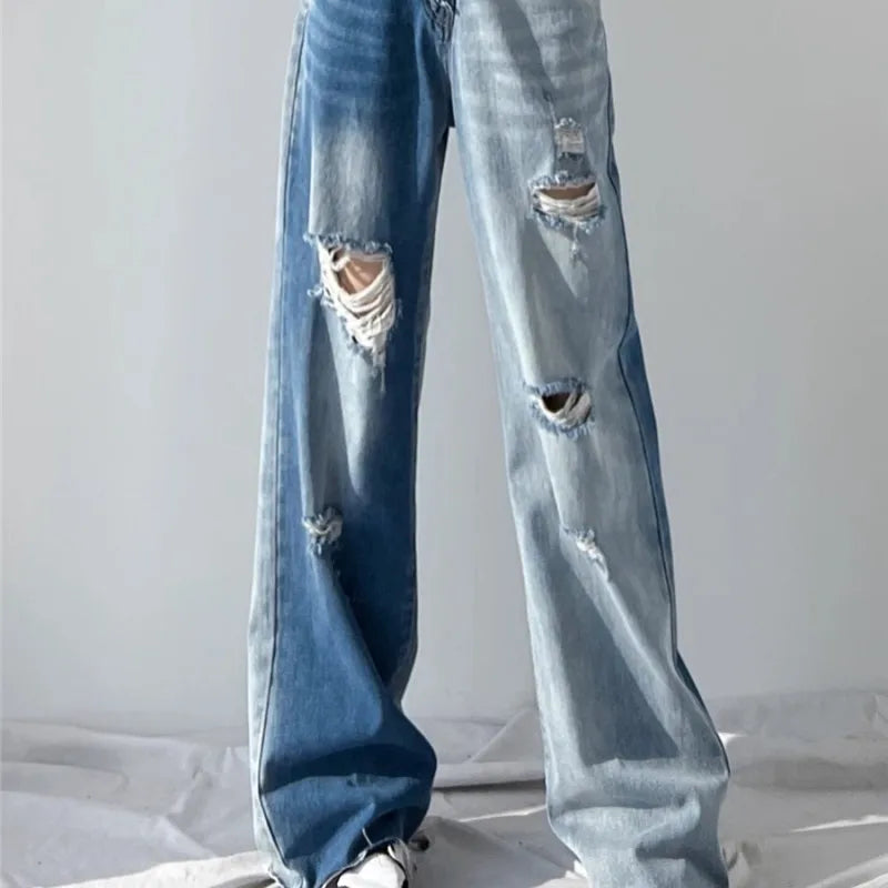 nvxiot - Perforated High Waisted Jeans For The 2023 Summer Women'S New Design Sense, Slim And Popular Straight Tube Blue Washed Wide Leg
