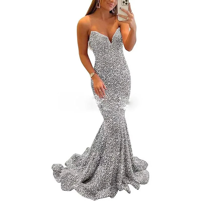 MQTIME - Elegant Mermaid Women Evening Dresses Sequins Court Train V Neck Prom Party Gowns Formal Bridal Dress