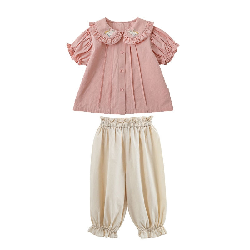 Summer Baby Girls Princess Dress Children Clothes Cotton Short Sleeve Blouse Top+Pants Suits Kids Party pastoral Floral skirt