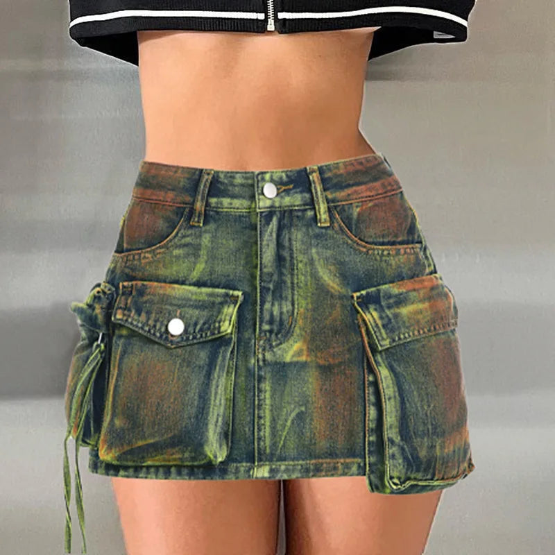 nvxiot - Vintage Tie Dye Print Cargo Mini Denim Skirts Women Fashion Multi Pocket Mid Waist Button Fly Casual Jeans Bottom Y2K Streetwear