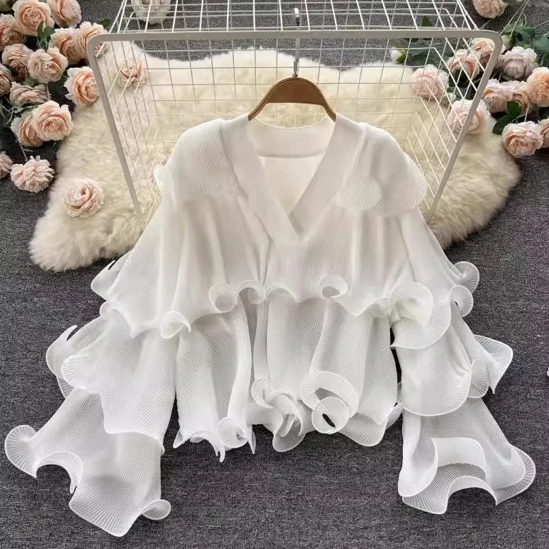 nvxiot - White Chiffon Ruffles Maternity Photography Tops Shirts Long Sleeve V Neck Pleats Chiffon Shirts For Pregnancy Photoshoot Blouse