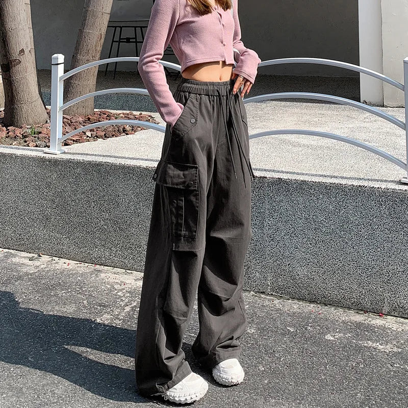nvxiot Women cargo pants Autumn Winter New Elastic High Waist Wide Leg Casual Pants y2k Women American Loose Sports Parachute trousers
