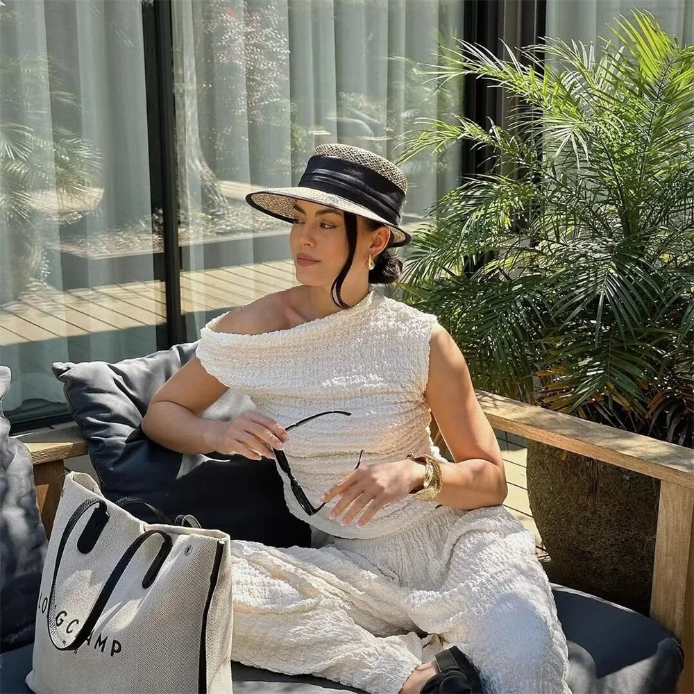 nvxiot - Spring and Summer 2024 New Women's Fashion Casual Simple and Elegant Texture Solid Color Asymmetric Top and Pants Set