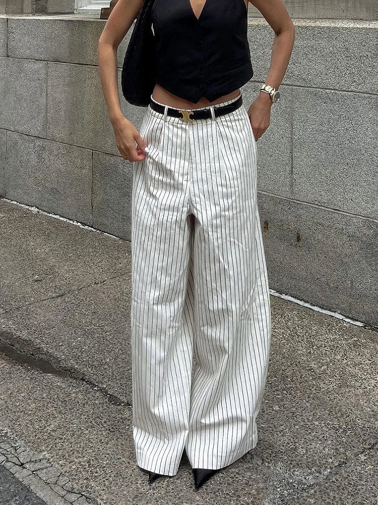 MQTIME - Spring Summer 2024 Women Striped Office Trousers High Waist Loose Wide Leg Flare Pants For Women