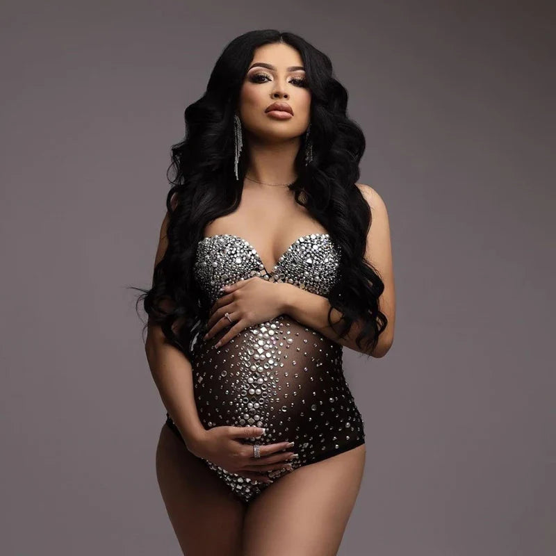 nvxiot - Sexy Luxury Pregnant Photography Bodysuit Heavy Industry Embroidery Water Diamond Pearl Maternity Clothing See-through Blouses