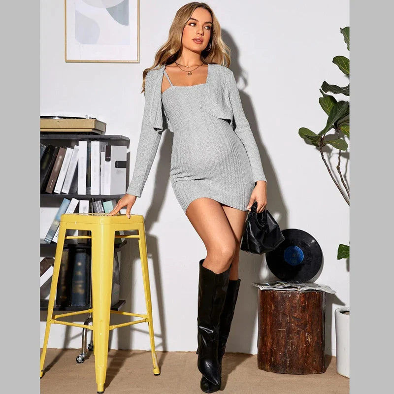 nvxiot - Rib Knit Suspender Maternity Dresses Square Collar Elegant Shawl +Dress Classic Commuting Comfort Versatile Sexy Pregant Wear